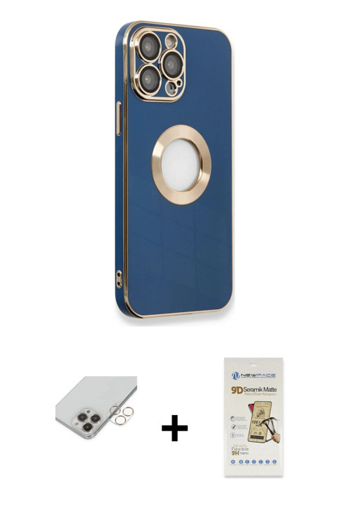 ieg™ iPhone 14 Pro Max Kılıf İz Form Serisi - Siyah Mat Seramik Nano Ekran Koruyucu + Gold Band Meta