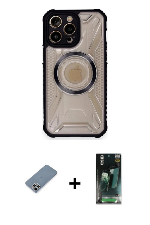 ieg™ iPhone 12 Pro Max Kılıf Kutup Modern - Şeffaf 360 Full Body Arka Koruyucu + Gümüş Metal Kamera