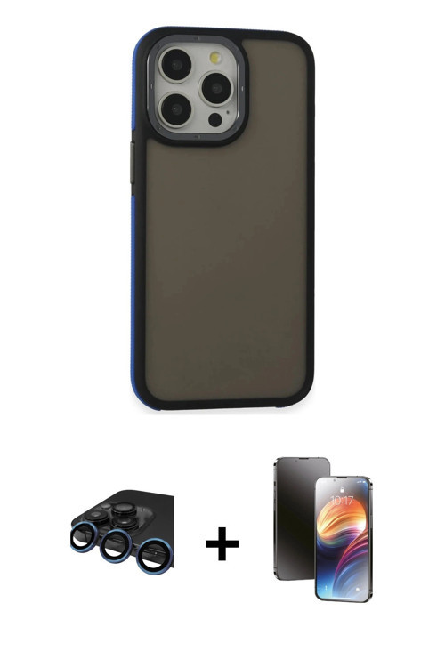 ieg™ iPhone 15 Pro Kılıf Eksen Işık - Siyah 3D Antistatik Mat Seramik Nano Ekran Koruyucu + Lacivert