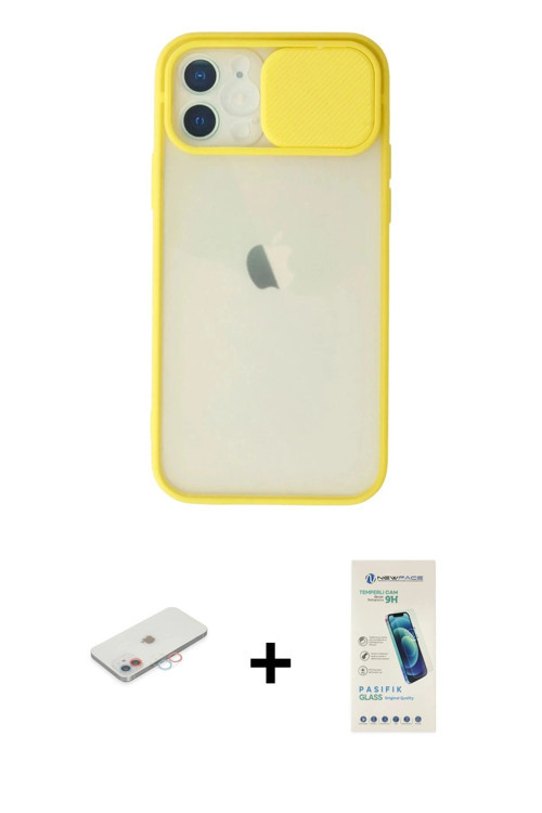ieg™ iPhone 12 Kılıf Vadi Çizgi - Şeffaf Pasifik Cam Ekran Koruyucu + Pembe Renkli Kamera Lens Korum