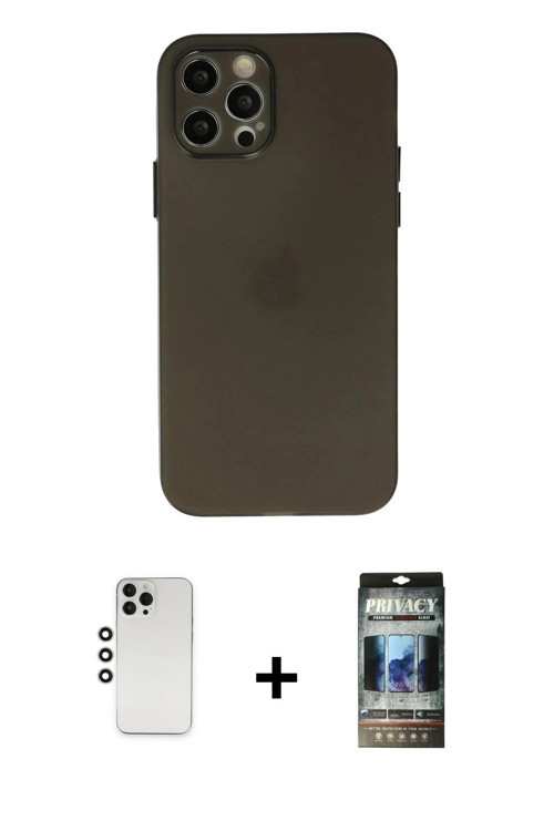 ieg™ iPhone 12 Pro Kılıf Atlas Minimal Prime - Siyah 34D Hayalet Izgaralı Cam + Gümüş Shine Kamera L