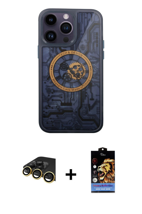 ieg™ iPhone 14 Pro Kılıf İz Form - Siyah Buffer Hayalet Cam Ekran Koruyucu + Gold Raze Metal Kamera