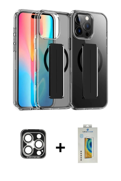 ieg™ iPhone 15 Pro Max Kılıf Nova Işık Koleksiyonu - Siyah Polymer Nano Ekran Koruyucu + Gümüş PVD M