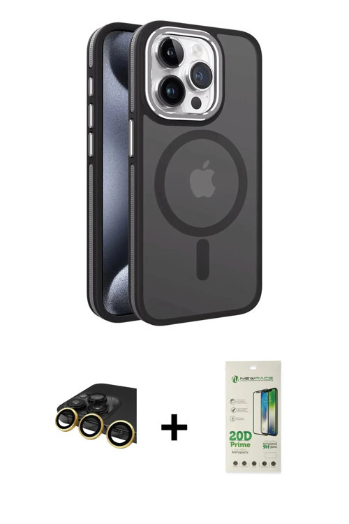 ieg™ iPhone 14 Pro Kılıf Yörünge Klasik - Siyah 20D Premium Cam Ekran Koruyucu + Gold Raze Metal Kam