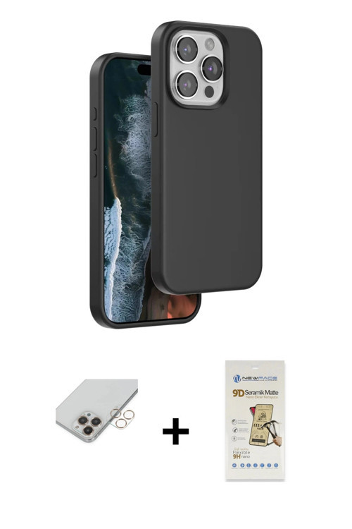 ieg™ iPhone 14 Pro Max Kılıf Kıvılcım Çizgi Serisi - Siyah Mat Seramik Nano Ekran Koruyucu + Gold Ba