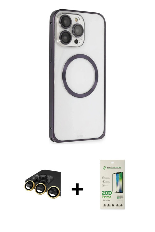 ieg™ iPhone 14 Pro Kılıf Ahenk Işık Serisi - Siyah 20D Premium Cam Ekran Koruyucu + Gold Raze Metal