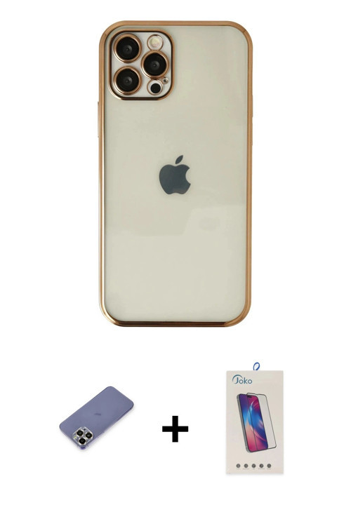 ieg™ iPhone 12 Pro Max Kılıf Vadi Minimal - Siyah Joko 5D Cam + Gold Metal Kamera Lens Koruma Cam