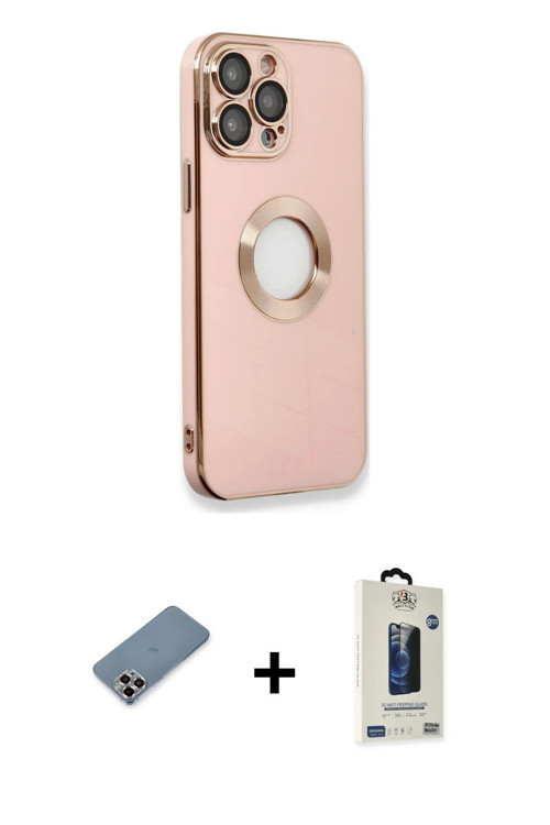 ieg™ iPhone 13 Pro Max Kılıf İz Form Serisi - Siyah Bilvis Hayalet Cam Ekran Koruyucu + Mor Metal Ka