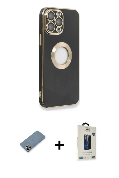 ieg™ iPhone 13 Pro Max Kılıf İz Form Serisi - Siyah Bilvis Hayalet Cam Ekran Koruyucu + Mor Metal Ka
