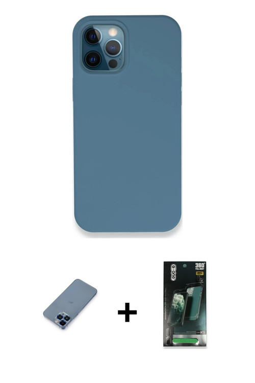 ieg™ iPhone 12 Pro Kılıf Zirve Modern Özel Seri - Şeffaf 360 Full Body Arka Koruyucu + Mavi Metal Ka