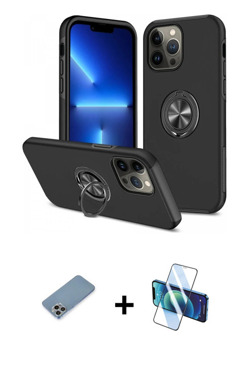 ieg™ iPhone 13 Pro Max Kılıf Odak Form Prime - Siyah 3D Antistatik Cam Ekran Koruyucu + Gökkuşağı Sh