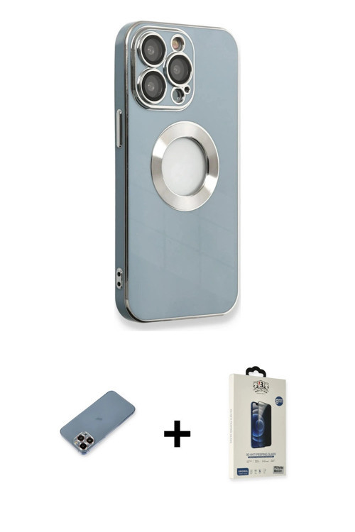 ieg™ iPhone 13 Pro Max Kılıf İz Form Serisi - Siyah Bilvis Hayalet Cam Ekran Koruyucu + Mor Metal Ka