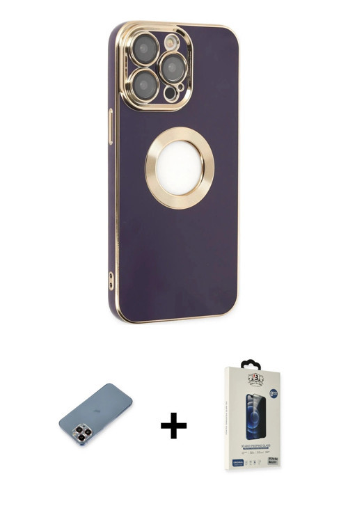 ieg™ iPhone 13 Pro Max Kılıf İz Form Serisi - Siyah Bilvis Hayalet Cam Ekran Koruyucu + Mor Metal Ka