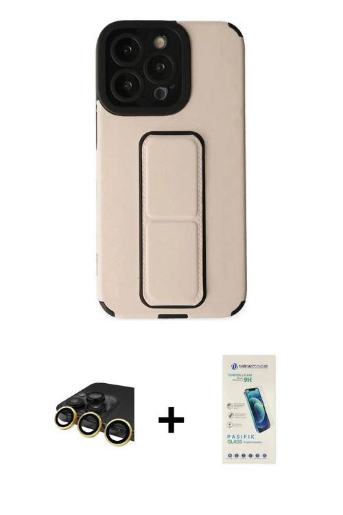 ieg™ iPhone 13 Pro Max Kılıf Çekirdek Yansıma - Şeffaf Pasifik Cam Ekran Koruyucu + Gold Raze Metal