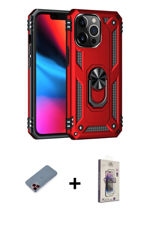 ieg™ iPhone 13 Pro Max Kılıf Ahenk Klasik Koleksiyonu - Siyah Bilvis 3D Cam Ekran Koruyucu + Kırmızı