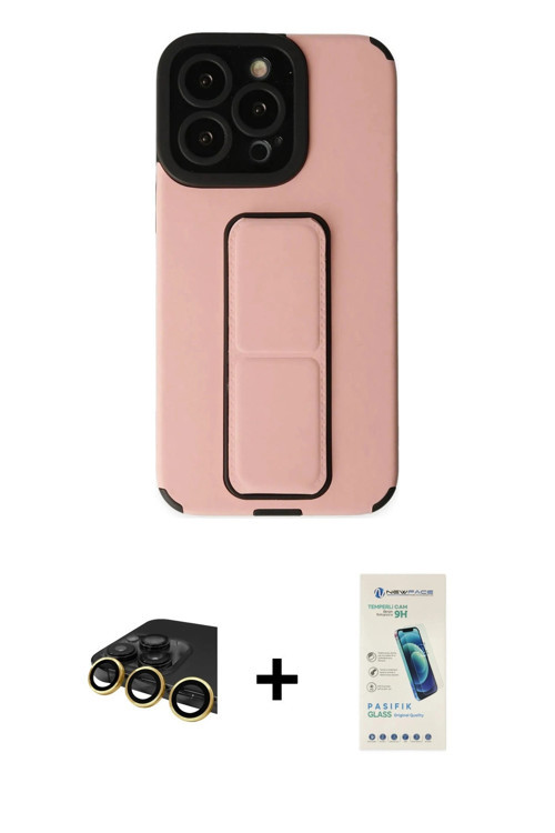 ieg™ iPhone 13 Pro Max Kılıf Çekirdek Yansıma - Şeffaf Pasifik Cam Ekran Koruyucu + Gold Raze Metal