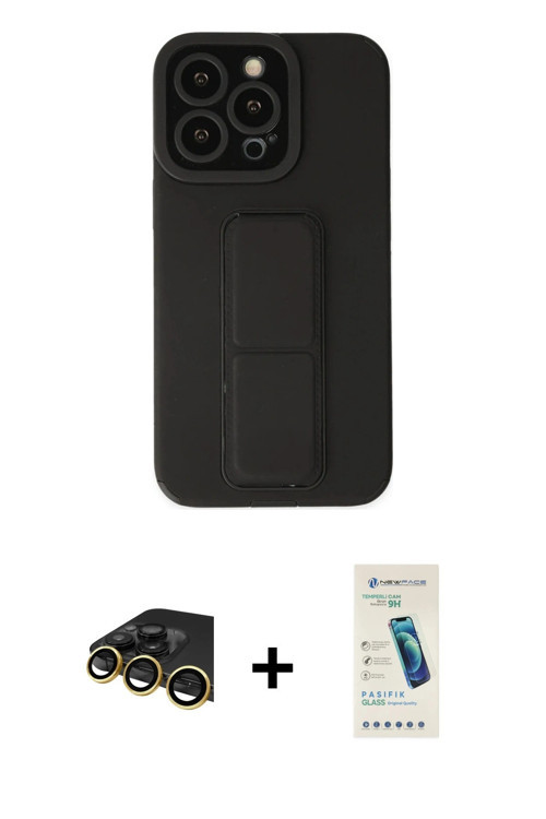 ieg™ iPhone 13 Pro Max Kılıf Çekirdek Yansıma - Şeffaf Pasifik Cam Ekran Koruyucu + Gold Raze Metal