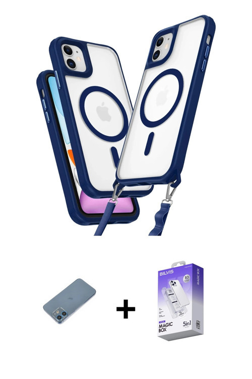 ieg™ iPhone 12 Kılıf Atlas Doku Koleksiyonu - Siyah Bilvis 5in1 3D Magic Cam Ekran Koruyucu + Mavi S