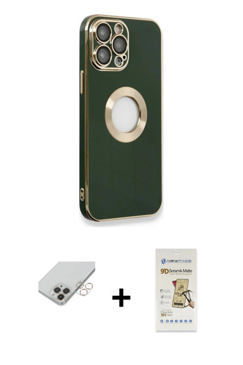 ieg™ iPhone 14 Pro Max Kılıf İz Form Serisi - Siyah Mat Seramik Nano Ekran Koruyucu + Gold Band Meta