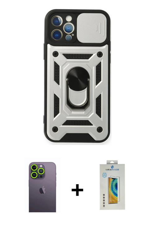 ieg™ iPhone 12 Pro Kılıf Ahenk Klasik - Siyah Polymer Nano Ekran Koruyucu + Yeşil Neon Fosforlu Kame