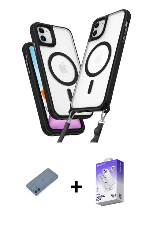ieg™ iPhone 12 Kılıf Atlas Doku Koleksiyonu - Siyah Bilvis 5in1 3D Magic Cam Ekran Koruyucu + Mavi S