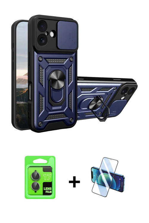ieg™ iPhone 17 Kılıf Ahenk Klasik - Siyah 3D Antistatik Cam Ekran Koruyucu + Gri Raze Metal Kamera L