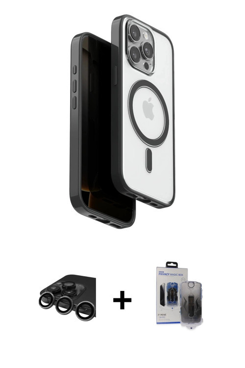 ieg™ iPhone 15 Pro Max Kılıf Pusula Form Serisi - Siyah Vanessa Magic Hayalet Cam + Titanyum Gri Raz
