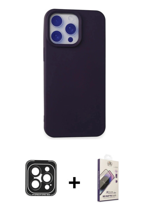 ieg™ iPhone 15 Pro Max Kılıf Ahenk Serisi - Siyah Bilvis 3D Mat Cam Ekran Koruyucu + Siyah PVD Metal
