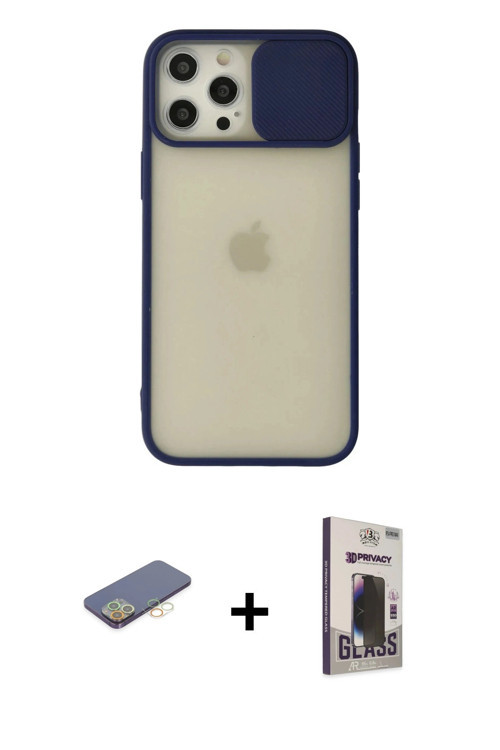 ieg™ iPhone 12 Pro Max Kılıf Vadi Çizgi - Siyah Bilvis Hayalet Cam Ekran Koruyucu + Sarı Renkli Kame