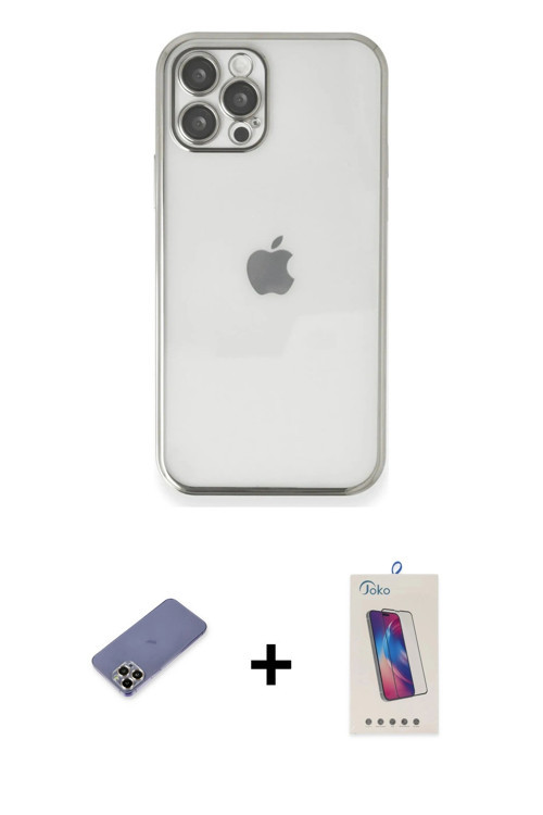 ieg™ iPhone 12 Pro Max Kılıf Vadi Minimal - Siyah Joko 5D Cam + Gold Metal Kamera Lens Koruma Cam