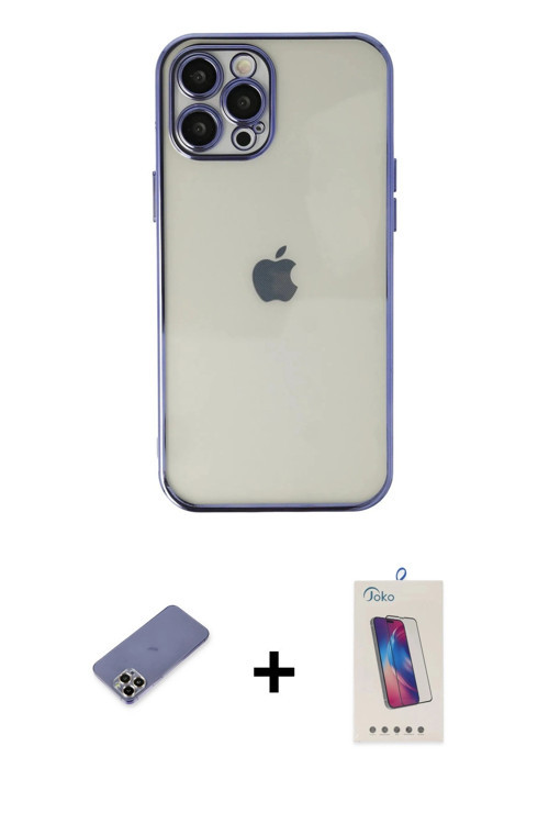 ieg™ iPhone 12 Pro Max Kılıf Vadi Minimal - Siyah Joko 5D Cam + Gold Metal Kamera Lens Koruma Cam