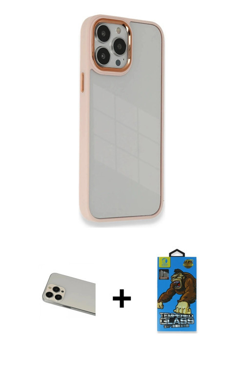 ieg™ iPhone 13 Pro Max Kılıf Eksen Doku Prime - Siyah 18D Cam Ekran Koruyucu + Rose Gold Rainbow Kam