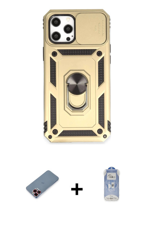 ieg™ iPhone 12 Pro Max Kılıf Ahenk Klasik - Siyah Joko Magic 5D Cam + Kırmızı Metal Kamera Lens Koru