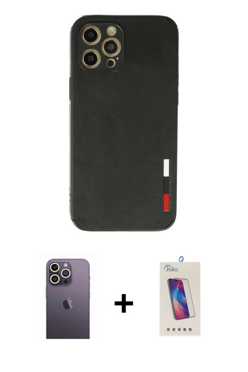 ieg™ iPhone 12 Pro Max Kılıf Doruk Asil Koleksiyonu - Siyah Joko 5D Cam + Beyaz Neon Fosforlu Kamera