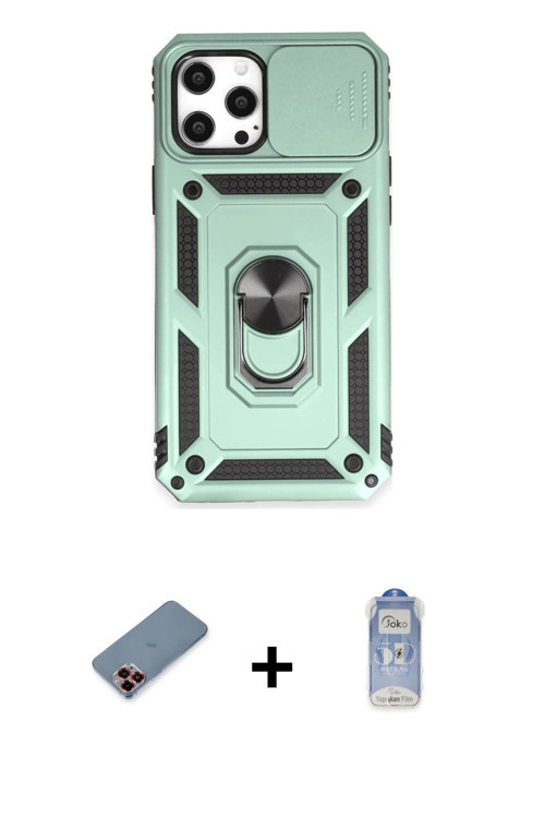 ieg™ iPhone 12 Pro Max Kılıf Ahenk Klasik - Siyah Joko Magic 5D Cam + Kırmızı Metal Kamera Lens Koru
