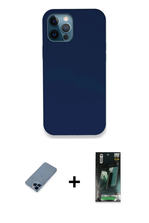 ieg™ iPhone 12 Pro Kılıf Zirve Modern Özel Seri - Şeffaf 360 Full Body Arka Koruyucu + Mavi Metal Ka