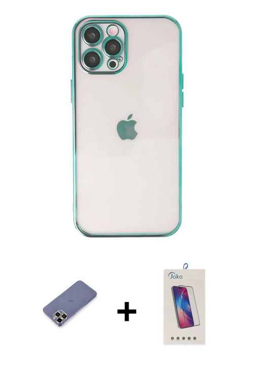 ieg™ iPhone 12 Pro Max Kılıf Vadi Minimal - Siyah Joko 5D Cam + Gold Metal Kamera Lens Koruma Cam