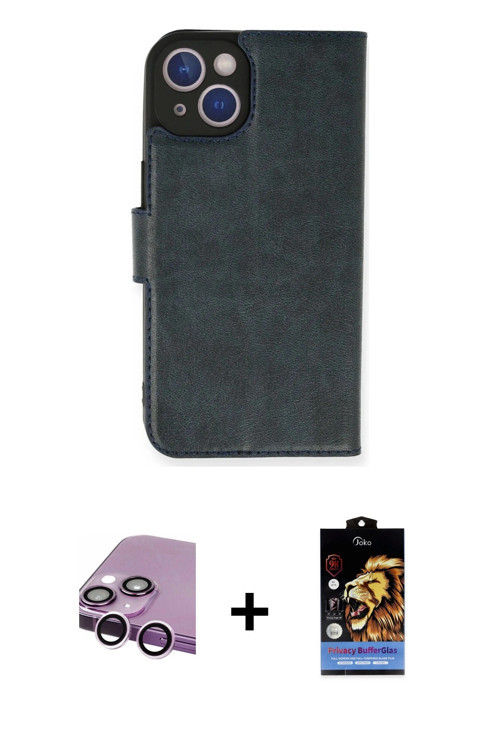 ieg™ iPhone 14 Kılıf Siluet Işık Serisi - Siyah Buffer Hayalet Cam Ekran Koruyucu + Mor Raze Metal K