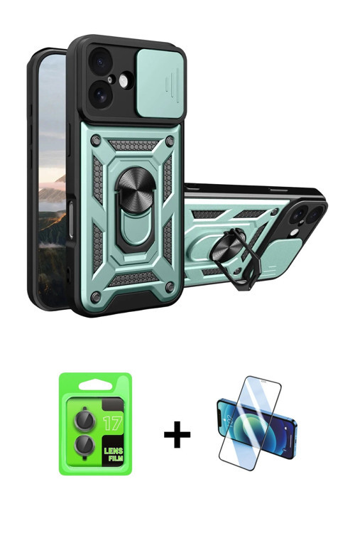ieg™ iPhone 17 Kılıf Ahenk Klasik - Siyah 3D Antistatik Cam Ekran Koruyucu + Gri Raze Metal Kamera L