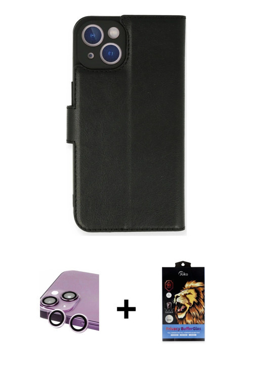 ieg™ iPhone 14 Kılıf Siluet Işık Serisi - Siyah Buffer Hayalet Cam Ekran Koruyucu + Mor Raze Metal K