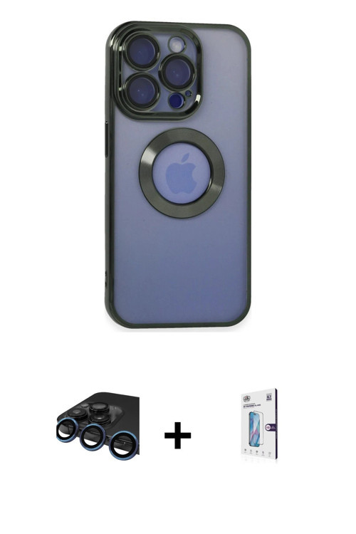 ieg™ iPhone 15 Pro Max Kılıf Pusula Form - Siyah Bilvis 0.18mm Plus Cam Ekran Koruyucu + Lacivert Ra