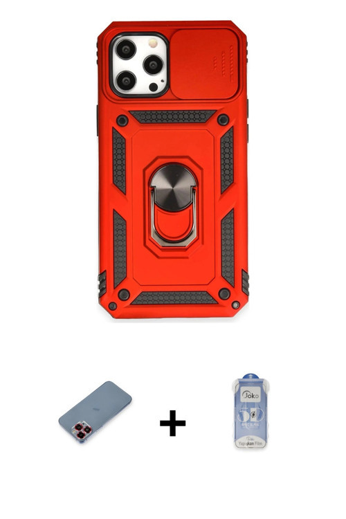 ieg™ iPhone 12 Pro Max Kılıf Ahenk Klasik - Siyah Joko Magic 5D Cam + Kırmızı Metal Kamera Lens Koru