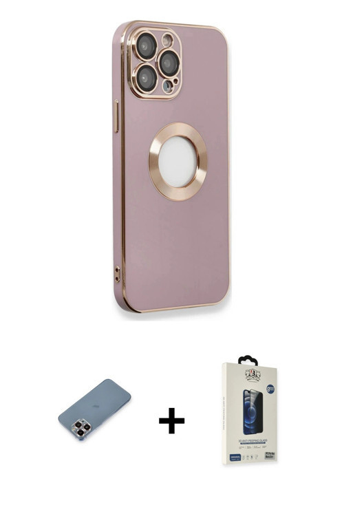 ieg™ iPhone 13 Pro Max Kılıf İz Form Serisi - Siyah Bilvis Hayalet Cam Ekran Koruyucu + Mor Metal Ka