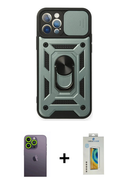 ieg™ iPhone 12 Pro Kılıf Ahenk Klasik - Siyah Polymer Nano Ekran Koruyucu + Yeşil Neon Fosforlu Kame