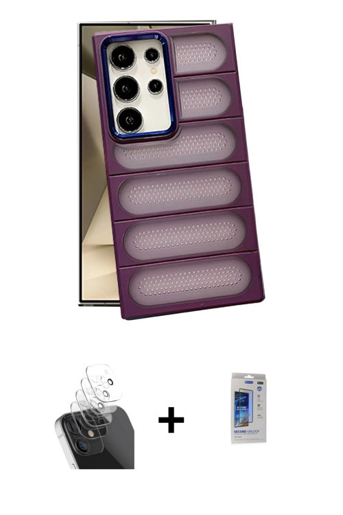 ieg™ Galaxy S24 Ultra Kılıf Yadigar Doku Özel Seri - Siyah Durable Full Glue Curved Hayalet Cam + Şe