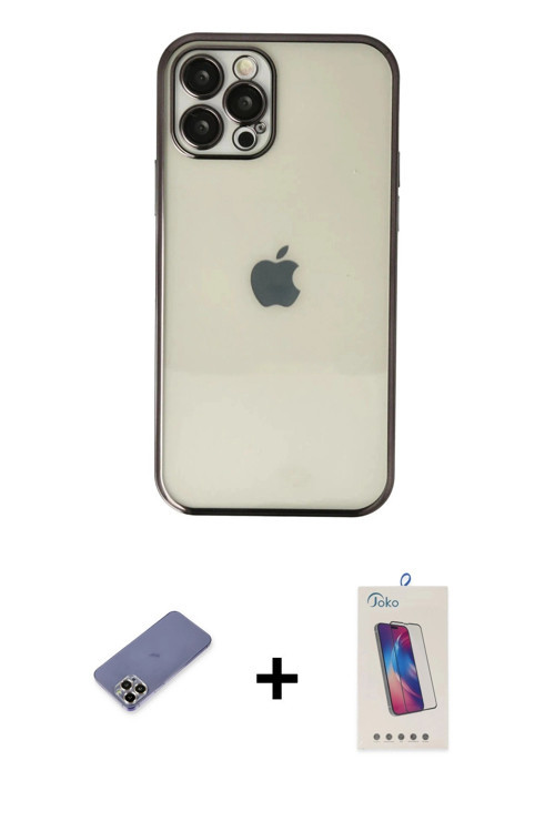 ieg™ iPhone 12 Pro Max Kılıf Vadi Minimal - Siyah Joko 5D Cam + Gold Metal Kamera Lens Koruma Cam