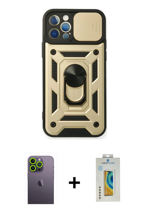 ieg™ iPhone 12 Pro Kılıf Ahenk Klasik - Siyah Polymer Nano Ekran Koruyucu + Yeşil Neon Fosforlu Kame