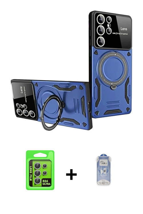 ieg™ Galaxy S24 Ultra Kılıf Kıvılcım Modern Serisi - Siyah Joko Magic 5D Cam + Gümüş Raze Metal Kame
