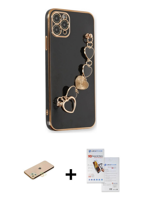 ieg™ iPhone 11 Pro Max Kılıf Nova Işık Prime - Siyah Seramik Nano Ekran Koruyucu + Sarı Renkli Kamer