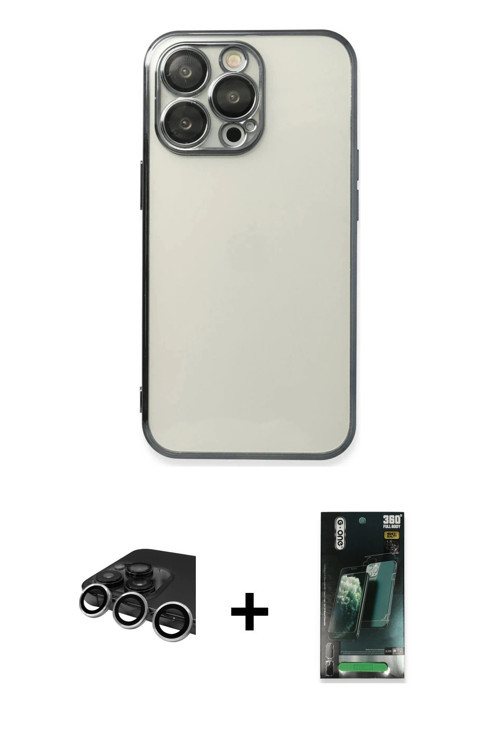 ieg™ iPhone 14 Pro Max Kılıf Vadi Minimal - Şeffaf 360 Full Body Arka Koruyucu + Gümüş Raze Metal Ka